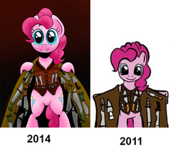 Size: 595x512 | Tagged: safe, artist:darkhestur, pinkie pie, earth pony, pony, g4, bipedal, comparison, draw this again, female, machete, mare, solo