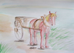 Size: 1024x723 | Tagged: safe, artist:fairydraft, big macintosh, earth pony, horse, pony, g4, cart, hoers, male, realistic, solo, stallion, traditional art, unshorn fetlocks