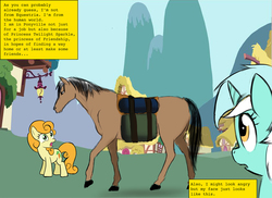 Size: 1650x1200 | Tagged: safe, artist:d-lowell, carrot top, golden harvest, lyra heartstrings, horse, comic:it's not my fault i'm a horse, g4, angel densetsu, comic, horse-pony interaction, parody