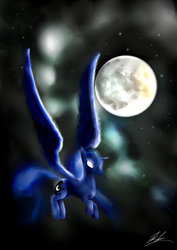 Size: 1280x1810 | Tagged: safe, artist:shortcircuit42, princess luna, g4, female, flying, glowing eyes, moon, night, solo, spread wings, stars