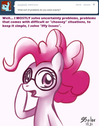 Size: 551x700 | Tagged: safe, artist:solar-slash, pinkie pie, ask pinkie pie solutions, g4, ask, female, glasses, solo, tumblr