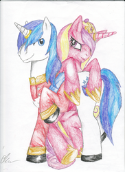 Size: 800x1098 | Tagged: safe, artist:friezz, princess cadance, shining armor, g4, clothes, couple, female, male, raised hoof, ship:shiningcadance, shipping, smiling, straight, traditional art, uniform