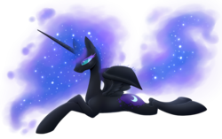 Size: 1280x804 | Tagged: safe, artist:inkdemoncuddles, nightmare moon, g4, female, missing accessory, prone, smiling, solo, spread wings