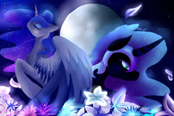 Size: 1500x1000 | Tagged: safe, artist:moeru789, nightmare moon, princess luna, g4, eyes closed, feather, flower, moon, night, smirk, spread wings, stars