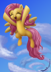 Size: 1423x2000 | Tagged: safe, artist:deathpwny, fluttershy, g4, :d, cloud, cloudy, eyes closed, female, happy, solo, spread wings
