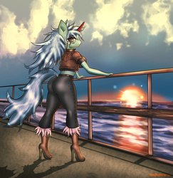 Size: 3470x3565 | Tagged: safe, artist:sixpathsoffriendship, oc, oc only, oc:safesleep, anthro, anthro oc, ass, butt, high res, solo, sunset, tight clothing