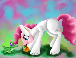 Size: 1300x1000 | Tagged: safe, artist:moeru789, gummy, pinkie pie, g4, basket, bunny costume, clothes, easter, easter egg, egg, mouth hold, smiling