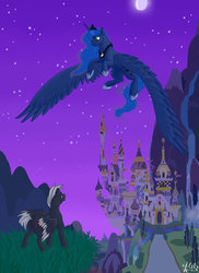 Size: 1024x1408 | Tagged: safe, artist:broadwaywolf, princess luna, oc, oc:stormtrotter, alicorn, pegasus, pony, g4, canterlot, flying, grass, large wings, looking down, looking up, moon, mountain, night, pegasus oc, spread wings, stars, wings