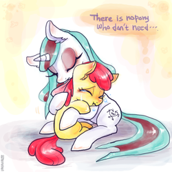 Size: 700x700 | Tagged: safe, artist:mirululu, apple bloom, oc, pony, unicorn, g4, crying, duo, female, hug, mare