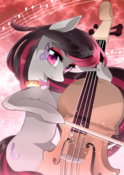 Size: 600x849 | Tagged: safe, artist:yukina-namagaki, octavia melody, earth pony, pony, g4, cello, eyeshadow, female, looking at you, makeup, mare, musical instrument, smiling, solo