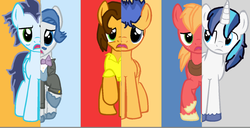 Size: 1024x526 | Tagged: safe, artist:clawdeen4ever, big macintosh, cheese sandwich, fancypants, flash sentry, shining armor, soarin', earth pony, pony, g4, male, sad eyes, stallion, what my cutie mark is telling me