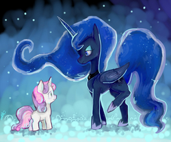 Size: 1200x1000 | Tagged: safe, artist:staticdragon1, princess luna, sweetie belle, alicorn, pony, unicorn, for whom the sweetie belle toils, g4, my little pony: friendship is magic, duo, duo female, female, filly, mare