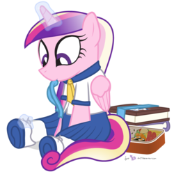 Size: 760x760 | Tagged: safe, artist:dm29, princess cadance, g4, bento, clothes, cute, cutedance, female, magic, mouth hold, school uniform, simple background, sitting, solo, transparent background, younger