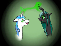 Size: 640x480 | Tagged: safe, artist:thetreeofice, queen chrysalis, shining armor, changeling, changeling queen, pony, unicorn, g4, changeling feeding, cheerful, drool, female, magic, male, mind control, ship:shining chrysalis, straight