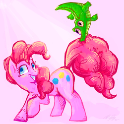 Size: 900x900 | Tagged: safe, artist:staticdragon1, gummy, pinkie pie, pony, g4, biting, colored pupils, cute, diapinkes, duo, smiling, tail bite