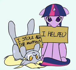 Size: 1613x1481 | Tagged: safe, artist:manicpanda, derpy hooves, twilight sparkle, pegasus, pony, unicorn, g4, accomplice, criminal, criminal scum, cute, evil, female, floppy ears, hoof hold, legs in air, looking at you, mare, mouth hold, no nose, on back, pony shaming, puppy dog eyes, pure unfiltered evil, sad, shaming, sign, sitting, smiling, unicorn twilight, you monster