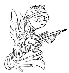 Size: 646x678 | Tagged: safe, artist:rubrony, rainbow dash, g4, clothes, female, gun, helmet, monochrome, solo, weapon