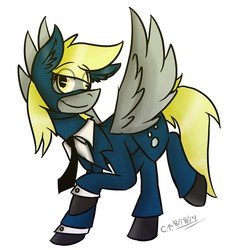 Size: 1994x2202 | Tagged: safe, artist:taroamaro, derpy hooves, pegasus, pony, g4, clothes, female, mare, spread wings, spy, spy (tf2), team fortress 2