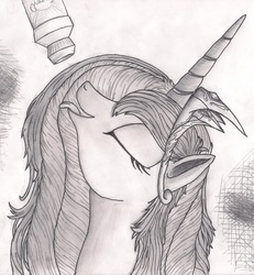 Size: 4689x5082 | Tagged: safe, artist:graboiidz, princess celestia, g4, absurd resolution, eyes closed, female, grayscale, juice, monochrome, solo, tongue out, traditional art