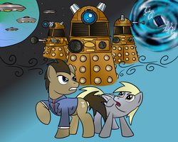 Size: 1080x864 | Tagged: safe, artist:pacce, artist:scherzo, derpy hooves, doctor whooves, time turner, pegasus, pony, g4, colored, crossover, dalek, doctor who, female, mare, tardis