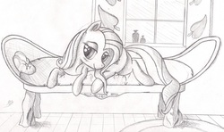 Size: 2881x1705 | Tagged: safe, artist:graboiidz, fluttershy, g4, couch, female, grayscale, monochrome, prone, sketch, smiling, solo, traditional art, window