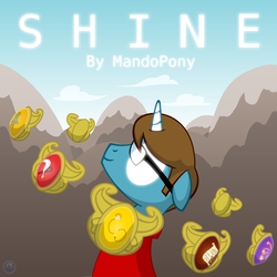 Size: 3900x3900 | Tagged: safe, artist:template93, mandopony, oc, oc:dawillstanator, pony, unicorn, album cover, cloud, cloudy, commission, cover art, cutie mark, glowing eyes, high res, mountain, necklace, shine, solo