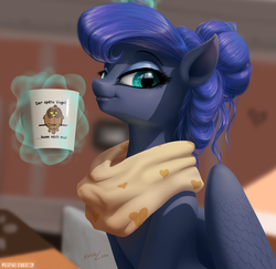 Size: 2795x2720 | Tagged: safe, artist:katputze, artist:mykegreywolf, princess luna, alicorn, pony, 2014, alternate hairstyle, beautiful, coffee, coffee mug, collaboration, cute, detailed, eyeshadow, featured image, female, german, high res, lidded eyes, lips, looking at you, lunabetes, magic, makeup, mug, photoshop elements, realistic, smiling, smug, solo, technically advanced, telekinesis, translated in the comments