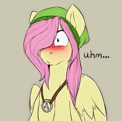 Size: 813x809 | Tagged: dead source, safe, artist:rainbowscreen, fluttershy, pegasus, pony, ask the gaylord, g4, ask, blushing, butterscotch, female to male, hat, hippieshy, male, mercedes symbol mistaken for peace sign, necklace, rule 63, solo, stallion, tumblr