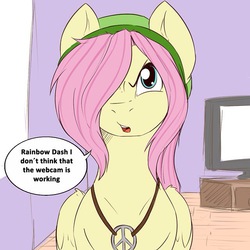 Size: 640x640 | Tagged: dead source, safe, artist:rainbowscreen, fluttershy, pegasus, pony, ask the gaylord, g4, butterscotch, female to male, grammar error, hair over one eye, hat, implied rainbow dash, male, necklace, rule 63, solo, stallion, tumblr