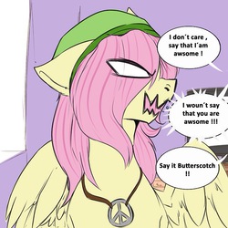 Size: 640x640 | Tagged: dead source, safe, artist:rainbowscreen, fluttershy, pegasus, pony, ask the gaylord, g4, butterscotch, eye clipping through hair, hat, implied rainbow dash, misspelling, necklace, rule 63, sharp teeth, solo, teeth, tumblr