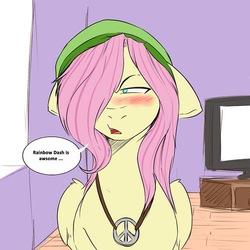 Size: 640x640 | Tagged: dead source, safe, artist:rainbowscreen, fluttershy, rainbow dash, pegasus, pony, ask the gaylord, g4, blushing, butterscotch, floppy ears, hat, misspelling, necklace, rule 63, solo, tumblr