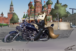 Size: 4376x3000 | Tagged: safe, artist:apocheck13, oc, oc only, pony, clothes, collar, female, jacket, kremlin, leather jacket, mare, moscow, motorcycle, red square, russia, signature, st. basil's cathedral