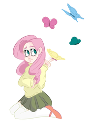 Size: 1240x1753 | Tagged: safe, artist:cosmicpea, fluttershy, butterfly, human, g4, clothes, female, humanized, kneesocks, skirt, socks, solo, thigh highs, thigh socks