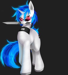 Size: 1445x1600 | Tagged: safe, artist:shnider, dj pon-3, vinyl scratch, g4, collar, female, knife, mouth hold, solo