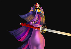 Size: 1148x789 | Tagged: safe, artist:shnider, twilight sparkle, pony, unicorn, g4, badass, big crown thingy, black background, element of magic, female, fluffy, glare, hair over one eye, katana, mare, mouth hold, simple background, solo, sword, weapon