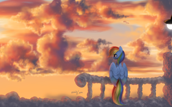 Size: 2698x1681 | Tagged: safe, artist:katputze, rainbow dash, pegasus, pony, g4, cloud, cloudy, female, railing, sitting, solo, sunset