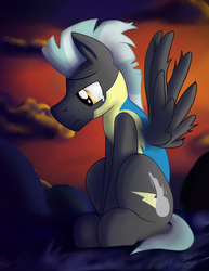 Size: 1280x1656 | Tagged: safe, artist:dripponi, thunderlane, pegasus, pony, g4, :c, cloud, cloudy, crying, frown, looking down, male, pondering, sad, sitting, solo, spread wings, stallion, wonderbolt trainee uniform, wonderbolts