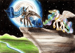 Size: 3493x2440 | Tagged: safe, artist:emilieart123, nightmare moon, princess celestia, g4, high res, traditional art