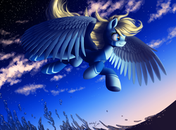 Size: 3106x2303 | Tagged: safe, artist:katputze, oc, oc only, oc:nexus, clothes, cloud, cloudy, flight suit, flying, high res, solo, stars, water, windswept mane