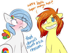 Size: 500x375 | Tagged: source needed, useless source url, safe, artist:marytheechidna, oc, oc only, oc:google chrome, ask-firefox, browser ponies, firefox, google chrome