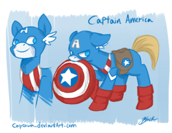 Size: 800x618 | Tagged: safe, artist:caycowa, bag, captain america, closed mouth, ears up, eyes open, floppy ears, full body, mouth hold, multiple views, ponified, saddle bag, shield, side view, smiling, solo, superhero costume