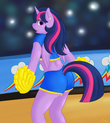 Size: 1420x1591 | Tagged: safe, artist:daf, twilight sparkle, alicorn, anthro, g4, ass, bedroom eyes, bookworm, butt, camera flashes, cheerleader, clothes, ear piercing, female, gym shorts, happy, indoors, long hair, looking at you, looking back, looking back at you, looking over shoulder, mare, midriff, multicolored mane, multicolored tail, piercing, pom pom, purple eyes, purple fur, rear view, shorts, smiling, smiling at you, solo, twibutt, twilight sparkle (alicorn), watermark