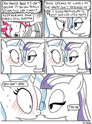 Size: 500x677 | Tagged: safe, artist:foudubulbe, maud pie, pinkie pie, trixie, earth pony, pony, comic:damp rocks, g4, bedroom eyes, blushing, boop, c:, comic, eye contact, female, imminent kissing, lesbian, nervous, noseboop, open mouth, ship:mauxie, shipping, smiling, sweat, wide eyes, wink