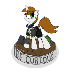 Size: 800x800 | Tagged: safe, artist:datte-before-dawn, oc, oc only, oc:littlepip, pony, unicorn, fallout equestria, bag, clothes, fanfic, fanfic art, female, jumpsuit, mare, pipbuck, pipleg, screwdriver, simple background, solo, statue, statuette, transparent background, vault suit