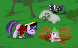 Size: 1024x634 | Tagged: safe, artist:easteu, rarity, spike, twilight sparkle, g4, ninja, pirate, rock