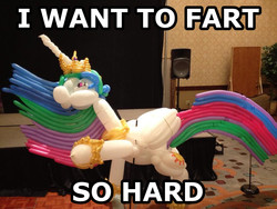 Size: 1024x768 | Tagged: safe, princess celestia, g4, air, balloon, balloon animal, caption, constipated, funny, image macro, meme, need to fart, text