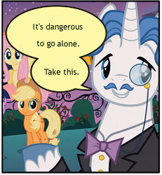 Size: 475x515 | Tagged: source needed, safe, edit, edited screencap, screencap, applejack, fancypants, fluttershy, pony, g4, sweet and elite, holding a pony, it's dangerous to go alone, meme, pixelated, speech bubble, take this, the legend of zelda