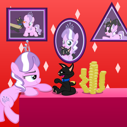 Size: 1653x1653 | Tagged: safe, artist:magerblutooth, diamond tiara, oc, oc:dazzle, cat, g4, bits