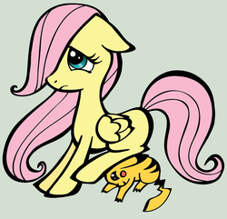 Size: 759x732 | Tagged: safe, artist:kittenshy, fluttershy, pikachu, g4, crossover, pokémon, sitting