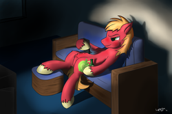 Size: 1800x1200 | Tagged: safe, artist:laptopgun, big macintosh, earth pony, pony, g4, alcohol, male, phone, solo, stallion, television